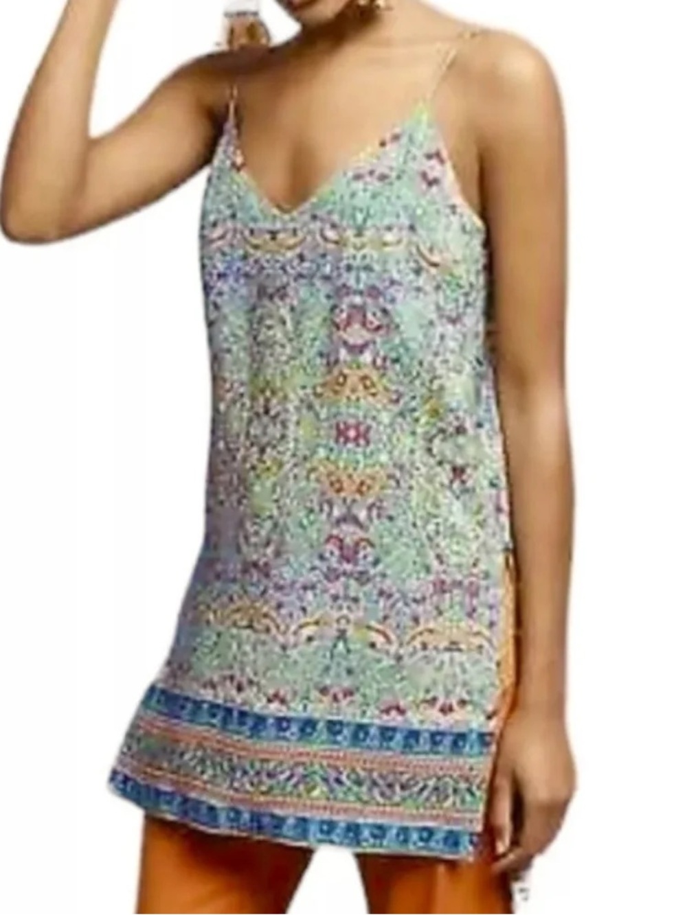 Maeve/Anthropologie Turquoise & Pink Floral Spaghetti Strap Tunic, 8, EUC